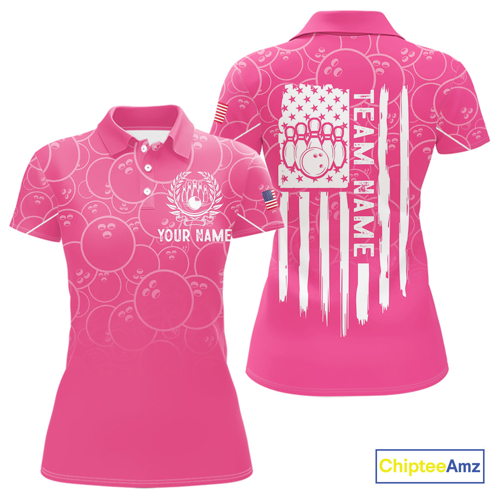 Pink bowling camo Womens bowling shirts Custom American flag patriotic bowling team league jerseys NQS10714