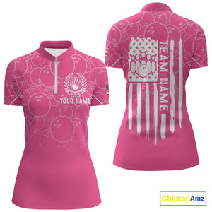 Pink bowling camo Womens bowling shirts Custom American flag patriotic bowling team league jerseys NQS10714