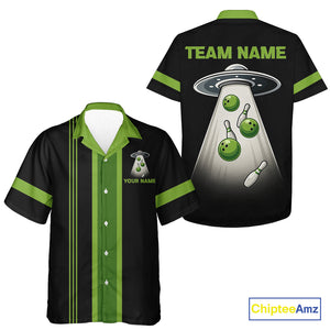 Black and Green ufo alien Retro Bowling Hawaiian shirt Custom Bowling Team button up shirt NQS10727