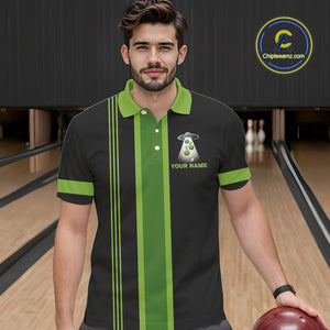 Black and Green ufo alien Retro Bowling Polo, Quarter Zip Shirts for men Custom Bowling Team Jersey NQS10727