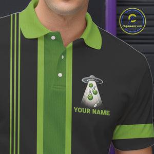 Black and Green ufo alien Retro Bowling Polo, Quarter Zip Shirts for men Custom Bowling Team Jersey NQS10727