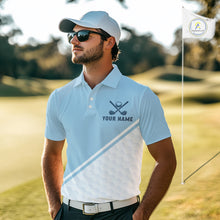 Load image into Gallery viewer, Light Blue and White Golf polo golf shirt for men Custom men's golf outfit, unique golf gifts NQS11112