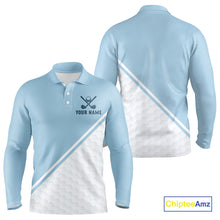 Load image into Gallery viewer, Light Blue and White Golf polo golf shirt for men Custom men's golf outfit, unique golf gifts NQS11112