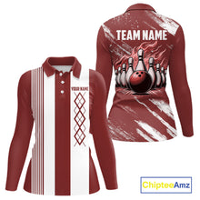 Load image into Gallery viewer, Red and White retro Argyle Flame bowling Women Polo, 1/4 Quarter Zip Shirt Custom bowling team jersey NQS11313