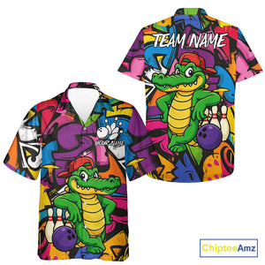 Funny Colorful Graffiti Pattern Alligator Bowling Hawaiian Shirt Custom Team bowling league jersey NQS10733