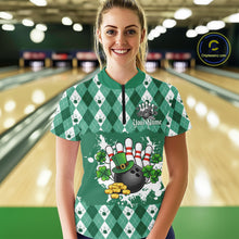 Load image into Gallery viewer, Argyle pattern St Patrick Green Bowling Polo, 1/4 zip shirts for Women Custom team bowling jerseys NQS11535
