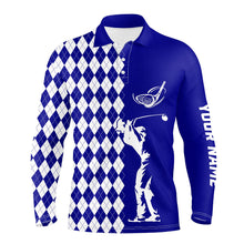 Load image into Gallery viewer, Personalized white argyle plaid pattern Mens golf polo shirts, custom Blue golf tops for mens NQS7907