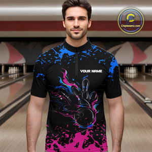 Personalized Black, Blue and Pink Bowling Shirts For Men, Bowling Balls And Pins Bowling Team Shirts NQS10742