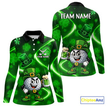 Load image into Gallery viewer, Green shamrock pattern Funny Women Golf Polo Shirts Custom St Patrick's Day Lucky ladies golf outfit NQS11134