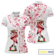 Load image into Gallery viewer, Funny White and Pink Flamingo golf polo shirts for Women Custom team Flamingo golf outfit ladies NQS11546