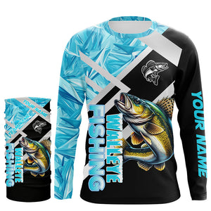 Personalized Blue Ice camo Walleye Ice Fishing Shirts Custom Team Walleye Long Sleeve Fishing Jersey NQS9286
