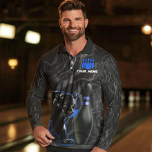 Load image into Gallery viewer, Black Camo Panther Blue Flame Bowling Polo, 1/4 Zip Shirts For Men Custom Bowling Team League Jersey NQS9443