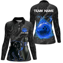 Load image into Gallery viewer, Black Camo Panther Blue Flame Bowling Shirts For Women Custom Bowling Team League Jersey NQS9443