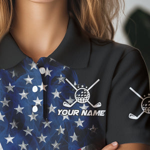 Smoke American Flag Black Golf Polo shirt for Women Custom patriotic Team golf uniform jersey NQS9780