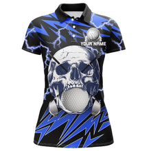 Load image into Gallery viewer, Blue lightning thunder golf skull Womens golf polo shirts custom ladies golf attire, cool golf gifts NQS8131