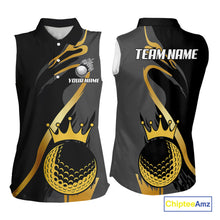 Load image into Gallery viewer, Black and Gold Crown Golf ball Women&#39;s Sleeveless golf polo shirts custom team golf tops for ladies NQS10757