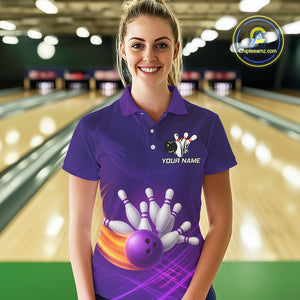 Purple Flame Bowling Polo, Quarter Zip Shirts For Women Custom Team Bowling Jersey Uniform NQS10768