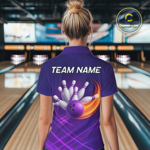 Purple Flame Bowling Polo, Quarter Zip Shirts For Women Custom Team Bowling Jersey Uniform NQS10768