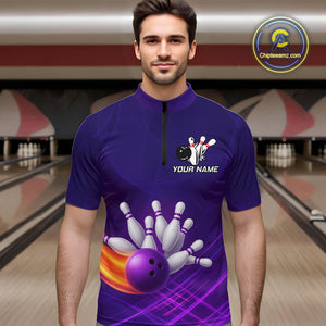 Purple Flame Bowling Polo, Quarter Zip Shirts For Men Custom Team Bowling Jersey Uniform NQS10768