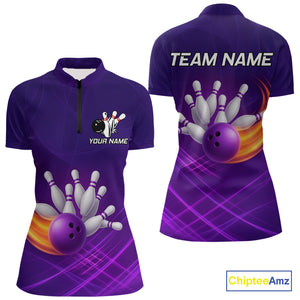 Purple Flame Bowling Polo, Quarter Zip Shirts For Women Custom Team Bowling Jersey Uniform NQS10768