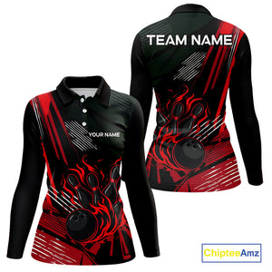 Black and Red Flame Bowling Polo, Quarter Zip Shirts For Women Custom Bowling Outfit Team Jerseys NQS10192