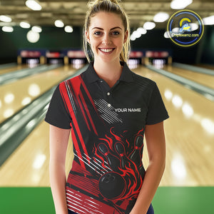 Black and Red Flame Bowling Polo, Quarter Zip Shirts For Women Custom Bowling Outfit Team Jerseys NQS10192