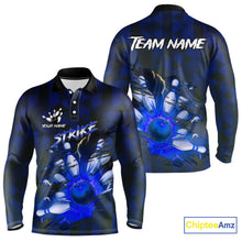 Load image into Gallery viewer, Blue Camo strike Men's Bowling Polo, Quarter Zip Shirt Custom Team Bowling jersey, gift for bowler NQS10343