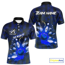 Load image into Gallery viewer, Blue Camo strike Men's Bowling Polo, Quarter Zip Shirt Custom Team Bowling jersey, gift for bowler NQS10343