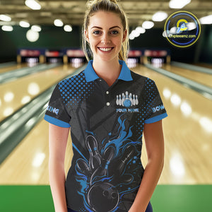 Personalized Black and Blue Flame Bowling Polo, 1/4 Zip Shirts For Women, Custom bowling Team Jerseys NQS10771
