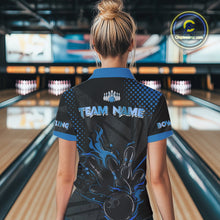 Load image into Gallery viewer, Personalized Black and Blue Flame Bowling Polo, 1/4 Zip Shirts For Women, Custom bowling Team Jerseys NQS10771