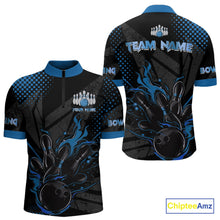 Load image into Gallery viewer, Personalized Black and Blue Flame Bowling Polo, 1/4 Zip Shirts For Men, Custom bowling Team Jerseys NQS10771