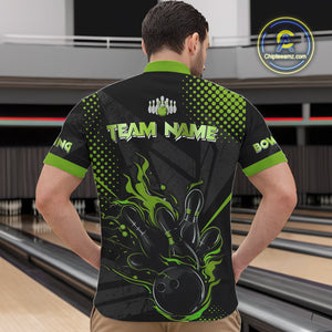 Personalized Black and Green Flame Bowling Polo, 1/4 Zip Shirts For Men, Custom bowling Team Jerseys NQS10772