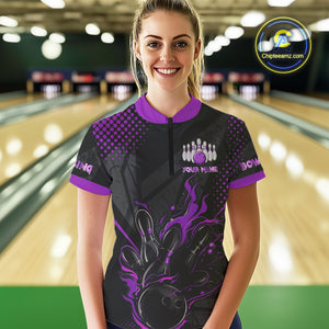 Personalized Black and Purple Flame Bowling Polo, 1/4 Zip Shirt For Women, Custom bowling Team Jersey NQS10773