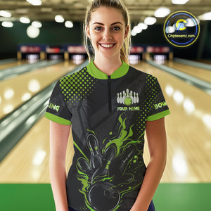 Personalized Black and Green Flame Bowling Polo, 1/4 Zip Shirts For Women, Custom bowling Team Jersey NQS10772