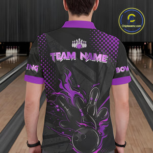 Personalized Black and Purple Flame Bowling Polo, 1/4 Zip Shirts For Men, Custom bowling Team Jerseys NQS10773