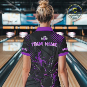 Personalized Black and Purple Flame Bowling Polo, 1/4 Zip Shirt For Women, Custom bowling Team Jersey NQS10773