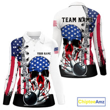 Load image into Gallery viewer, American Flag Skull Bowling Polo, Quarter Zip Shirts for Women Custom Patriotic Bowling Team jerseys NQS11694