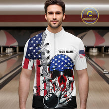Load image into Gallery viewer, American Flag Skull Bowling Polo, Quarter Zip Shirts for Men Custom Patriotic Bowling Team jerseys NQS11694