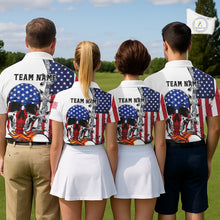 Load image into Gallery viewer, American Flag Skull Flame Golf Ball Womens Golf Polo shirts Custom Patriotic golf attire for ladies NQS11695