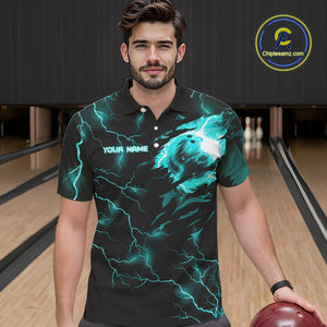 Cyan Blue lightning thunder bowling American flag Eagle custom Mens Bowling Polo, Quarter Zip Shirts NQS10558