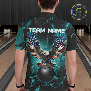 Cyan Blue lightning thunder bowling American flag Eagle custom Mens Bowling Polo, Quarter Zip Shirts NQS10558
