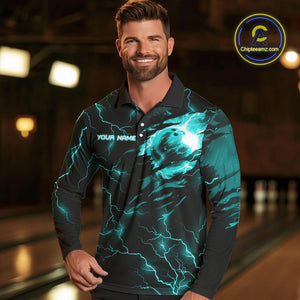 Cyan Blue lightning thunder bowling American flag Eagle custom Mens Bowling Polo, Quarter Zip Shirts NQS10558