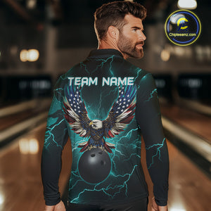 Cyan Blue lightning thunder bowling American flag Eagle custom Mens Bowling Polo, Quarter Zip Shirts NQS10558