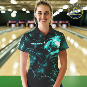 Cyan Blue lightning thunder bowling American flag Eagle custom Womens Bowling Polo, Quarter Zip Shirt NQS10558