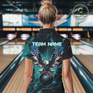 Cyan Blue lightning thunder bowling American flag Eagle custom Womens Bowling Polo, Quarter Zip Shirt NQS10558