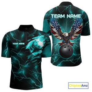 Cyan Blue lightning thunder bowling American flag Eagle custom Mens Bowling Polo, Quarter Zip Shirts NQS10558