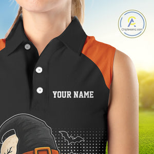 Black & Orange Funny pumpkin Golf Ball Women Sleeveless polo shirt Custom Halloween ladies golf wear NQS10778
