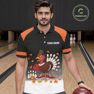 Black and Orange Turkey Bowling Polo, 1/4 Zip Shirts For Men Custom Thanksgiving team Bowling jersey NQS10779