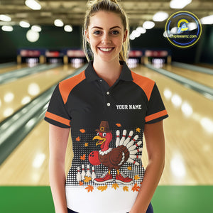 Black and Orange Turkey Bowling Polo, 1/4 Zip Shirt For Women Custom Thanksgiving team Bowling jersey NQS10779