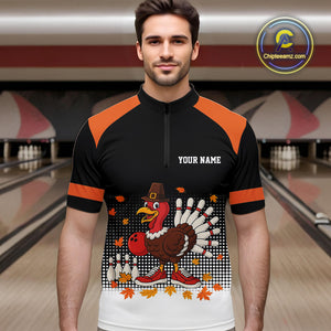 Black and Orange Turkey Bowling Polo, 1/4 Zip Shirts For Men Custom Thanksgiving team Bowling jersey NQS10779